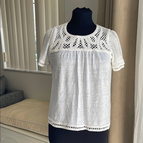 Maje Tops - Maje Talence Elegant ivory linen blend crochet Lace Trim Women's Top FR 3 US S